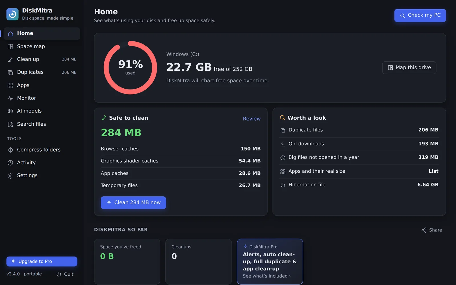 DiskMitra home screen in dark mode.